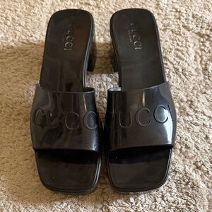 Gucci Black Patent Logo Slide Mules